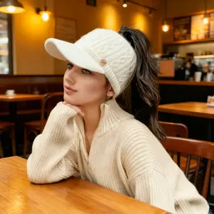 Women's Warm Knitted Ponytail Baseball Hat for Autumn & Winter – Thick Cozy Earcup Design with Adjustable Strap, Trendy Sunshade Cap for Outdoor Sports, Travel & Daily Wear new beanies men casual Knit Heart unisex wool western newsboy style sunscreen