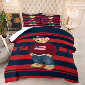 Flag sweater printed teddy bear printed pattern bedding set, including 1 blanket and 1 or 2 pillowcases without pillowcases, soft children's or adult bedroom decoration gift