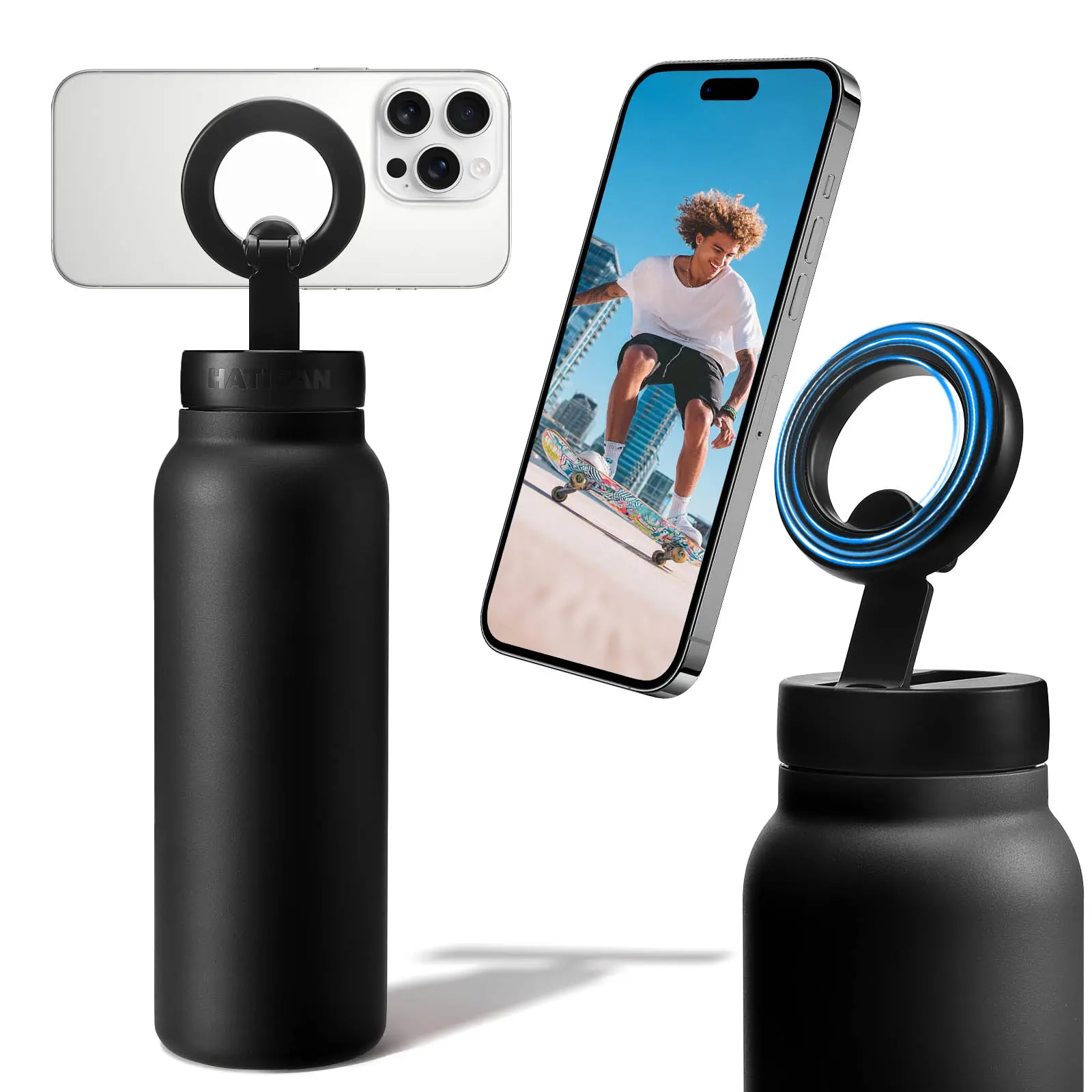 24oz Insulated Stainless Steel Water Bottle with MagSafe Phone Holder | Perfect Gift for Travelers, Coworkers & Family | Leakproof, Durable, Ice-Cold Hydration for Gym, Work, Outdoor & Daily Life | Vacuum Flask Set,father's day gift ideas Drinkware Lid