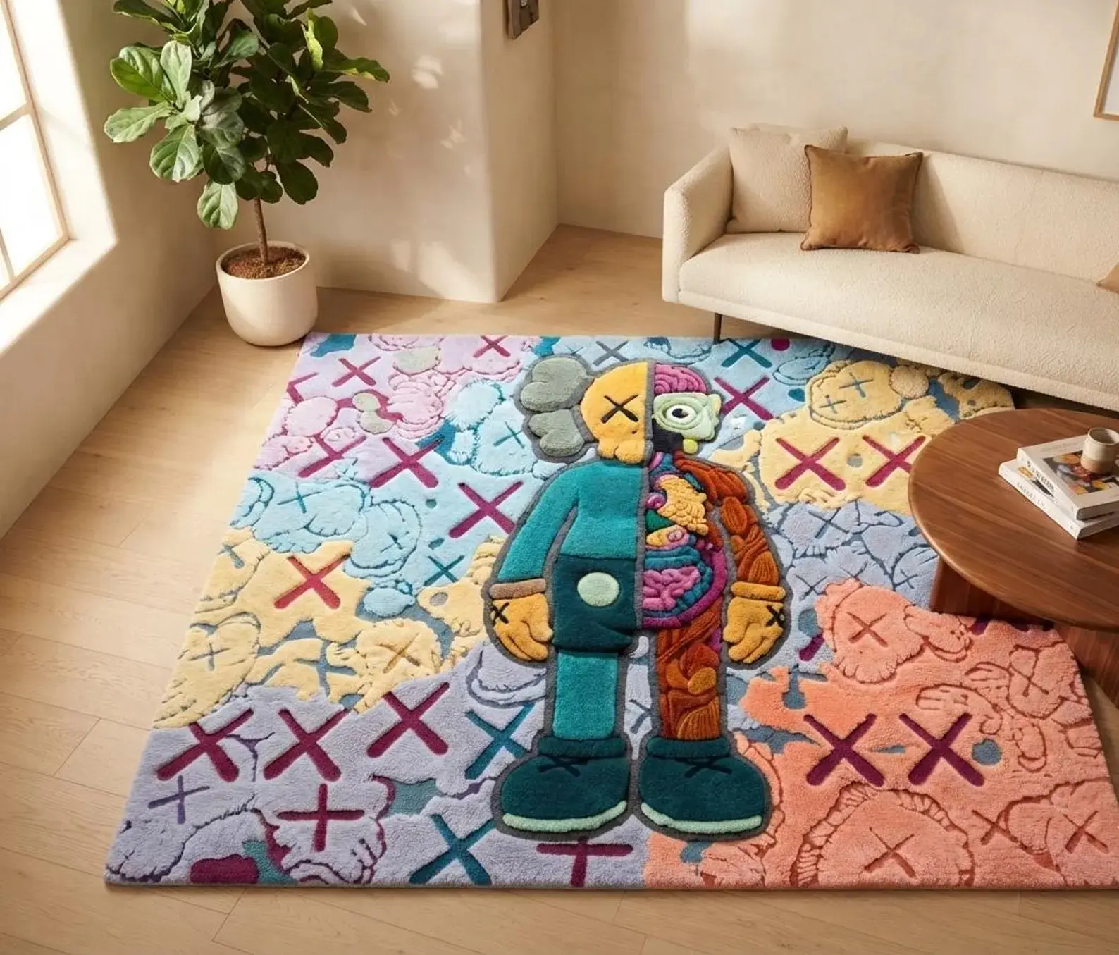 Hand Tufted Wool Area Rug - KAWS Inspired, Soft, Colorful Street Art Piece for Luxury Hypebeast Home Decor