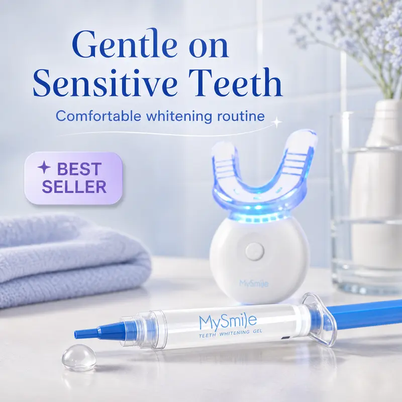 MySmile 10-Min Teeth Whitening Kit - 5 Blue Light LED Mouthpiece, Unscented Carbamide Peroxide Gel, Oral Stain Remover for Coffee & Wine Stains (Sensitive Teeth Friendly, Teeth Brightening), Teeth Brightener, Moisturizing, Batteries