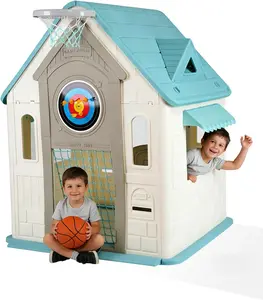 Outdoor Playhouse for Kids - Basketball Hoop, Soccer Goal, Magnetic Dartboard, Ring Toss - Indoor/Outdoor Toddler Cottage Playset, Gift for Ages 3-8