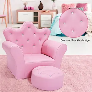 Kids Sofa, Children Princess Upholstered Couch Armrest Chair with Ottoman, PVC Leather & Embedded Crystal, Christmas Birthday Gifts