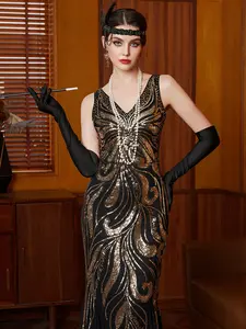 1920s Gatsby Long Sequin Dress, Art Deco Style Evening Gown, Vintage Party and Birthday, Fitted Patchwork Design, All Seasons