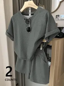 2 Piece Set Women Dark Solid Color T-Shirt and Shorts, Casual Sporty Summer, Fitted Design for Exercise and Outdoor Wear