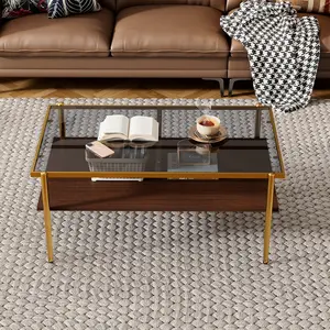 Rectangle Coffee Table with Gray Tempered Glass Top & Metal legs Modern style living room furniture 38.39"L x 24.21"W x 17.72"H Coffeetable
