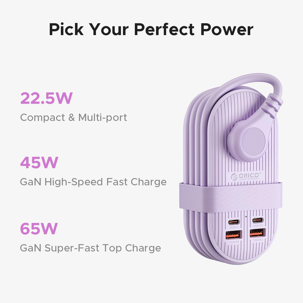 ORICO Upgraded 7-in-1 Travel Power Strip,2 Outlets & 4 USB Ports (2TYPE-C+2USB-A), 65W Fast Charging, Flat Plug，Compact for Cruise, Hotel, Dorm, and Travel Essentials- TK