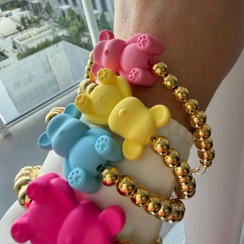 Women's Colorful Beaded Teddy Bear Bracelet, Gold-Plated Stretch Jewelry, Cute Chunky Fashion Accessory