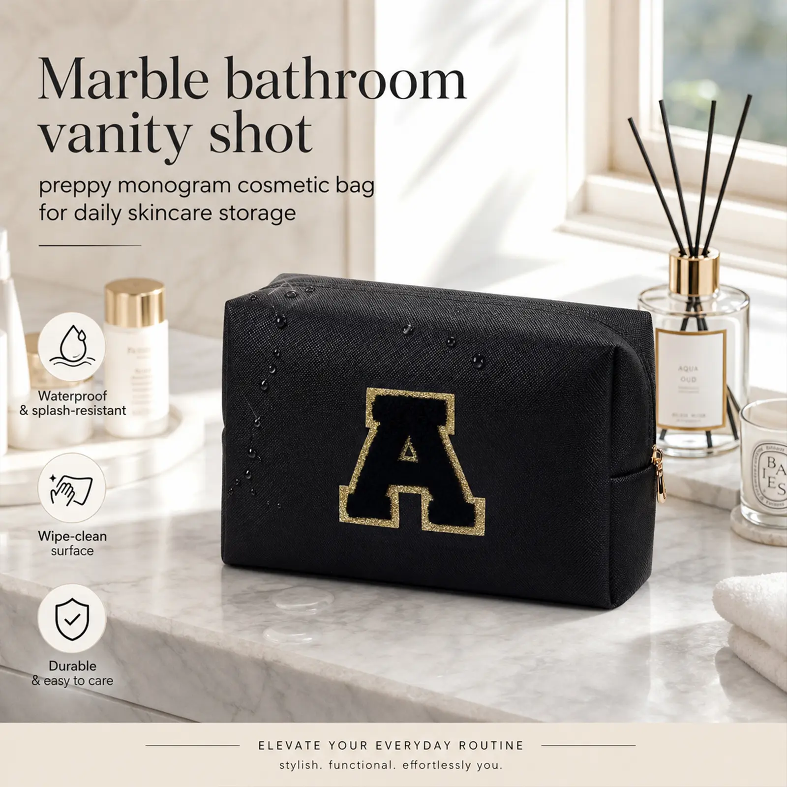 Initial Makeup Bag, Preppy Chenille Letter Cosmetic Pouch, Waterproof PU Travel Toiletry Bag, Personalized Monogram Makeup Pouch Gift for Women Girls led  Makeup Bag  calpak  cosmetic   case  aesthetic  Makeup  Bag  Makeup organizer Bag