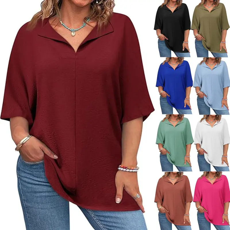 Imily Bela Curve 【XL-5XL】Womens Plus Size Tops Short Sleeve V Neck Tee Blouse Summer Loose Fit Casual Tunic Top