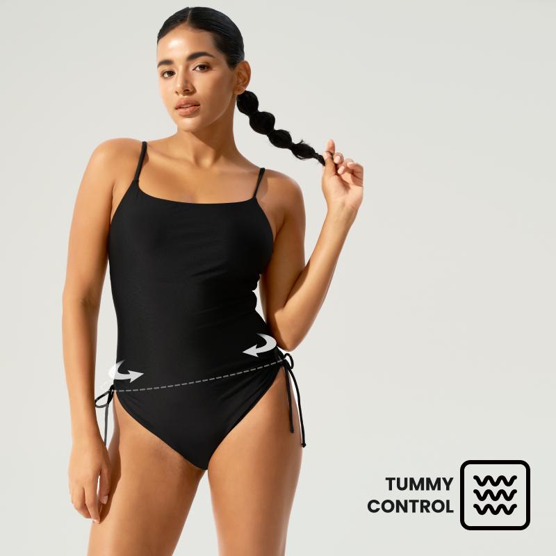 BodyTips Swimsuit With Drawstring Cool Feel Skin Friendly Pleated Waist Adjustable Shoulder Straps Flexible Fit Swimwear Clean Design Popular Beach Outfit Versatile One Piece For Pool Vacation Summer Sunbathing Water Sports Casual Swim Style All Day Wear