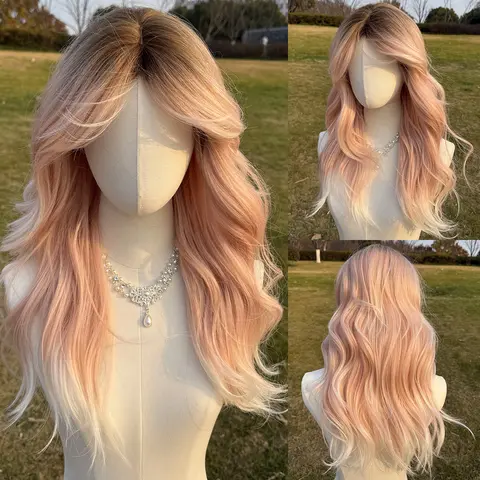 SMILCO 24" Ombre Pink Ash Brown  Synthetic Wig, Glueless, Natural-Looking Scalp, Full Machine Cap, SM410 Adjustable Straps & Breathable Cap, Vibrant Color & Soft Texture