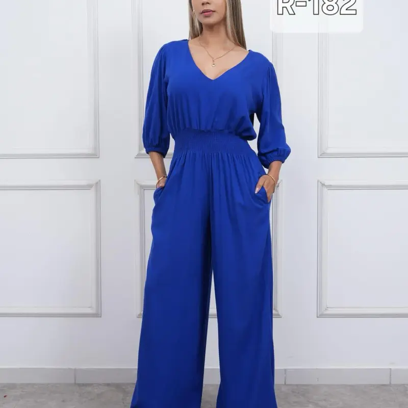 Linen Jumpsuit Long Sleeve V-Neck Wide Leg with Pockets for Women