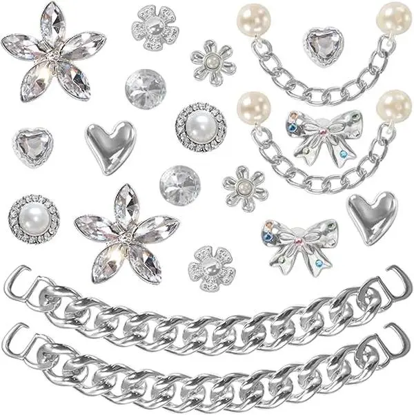 20Pcs Glitter Shoe Charms – Pearl, Crystal & Flower Bling with Chains – DIY Shoe Accessories for Women