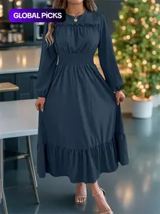 Women's Plain Shirred Ruffle Trim A Line Dress, Womenswear Chic Elegant Bishop Sleeve Round Neck Long Dress Formal Dress Hides Tummy for Party Holiday Wedding Guest, Ladies Fall & Winter Clothes