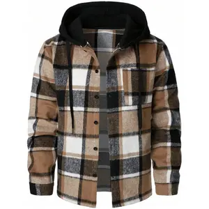 KZZ Men's Plaid Drawstring Hooded Casual Jacket Spring Fall New Arrival Grey Checkered Design Fashionable Comfortable Long Sleeve Sweatshirts with Pocket christmas gifts for him