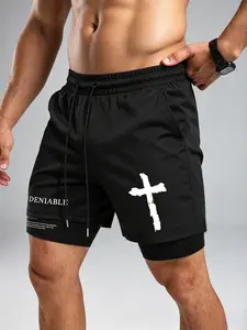 Essential Gym Shorts! Fake Two-Piece Sporty Men's Elastic Breathable Running Anti-Exposure Training Pants, Fitted Print Style