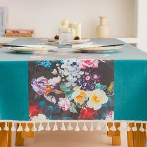 1pc green printed tablecloth with tassels, made of polyester, featuring a dark green plant leaves and flowers design, suitable for kitchen and dining area decoration