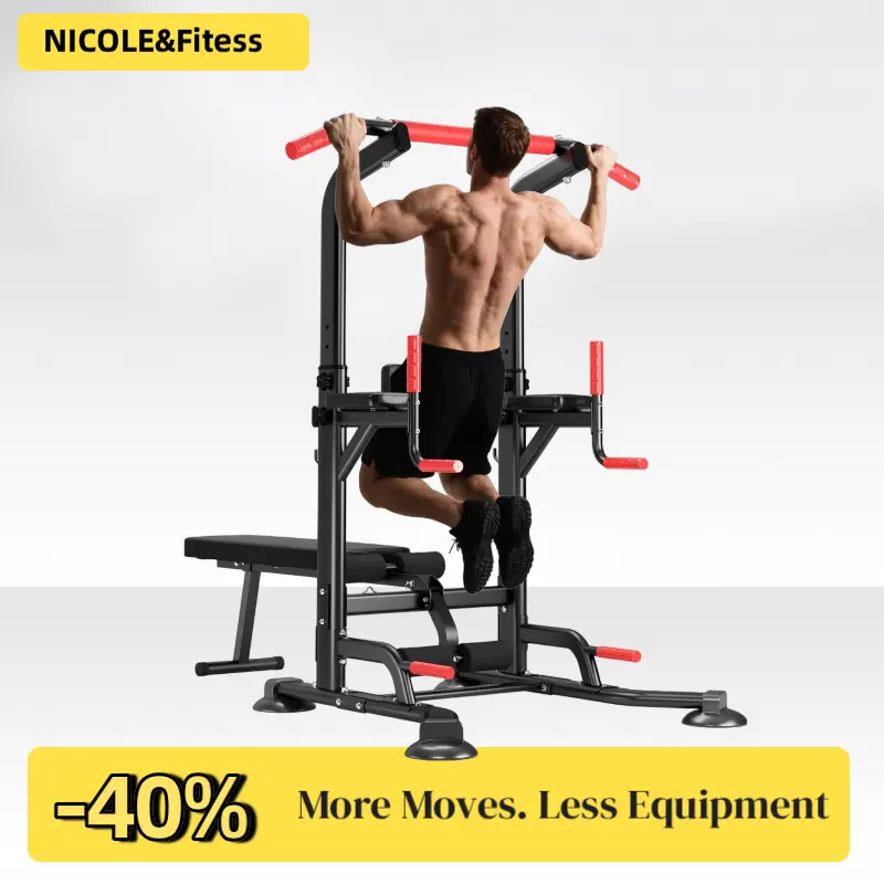 【NICOLE SELECTION】Multi-Function Power Tower - Adjustable Pull-Up & Dip Station with Folding Bench, 330LBS Capacity Home Strength Training Equipment for Whole Body & Full Body Workout, 40YKMF6206B, Christmas Gift Option, Whole Body Workout