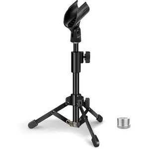 Desk Mic Stand, Portable Foldable Microphone Tripod with Mic Clip Holder Adjustable Table Microphone Stand for Blue Yeti Snowball Spark and Other Dynamic Microphones