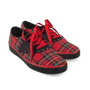 Hot Chocolate Design Rebel Tartan Casual Sneaker with Bold Red Plaid Stud Accents Soft Fabric Inner Cushioned Sole Arch Support Lace-Up