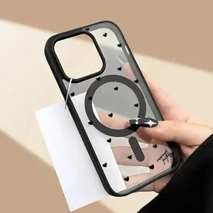Cute Black Heart Print MagSafe Phone Case for iPhone 16/15/17/14 13/12/11 Pro/Plus/Pro Max Gray TPU Edge Protective Cover Shockproof Casing Protection Slim Hard Clear