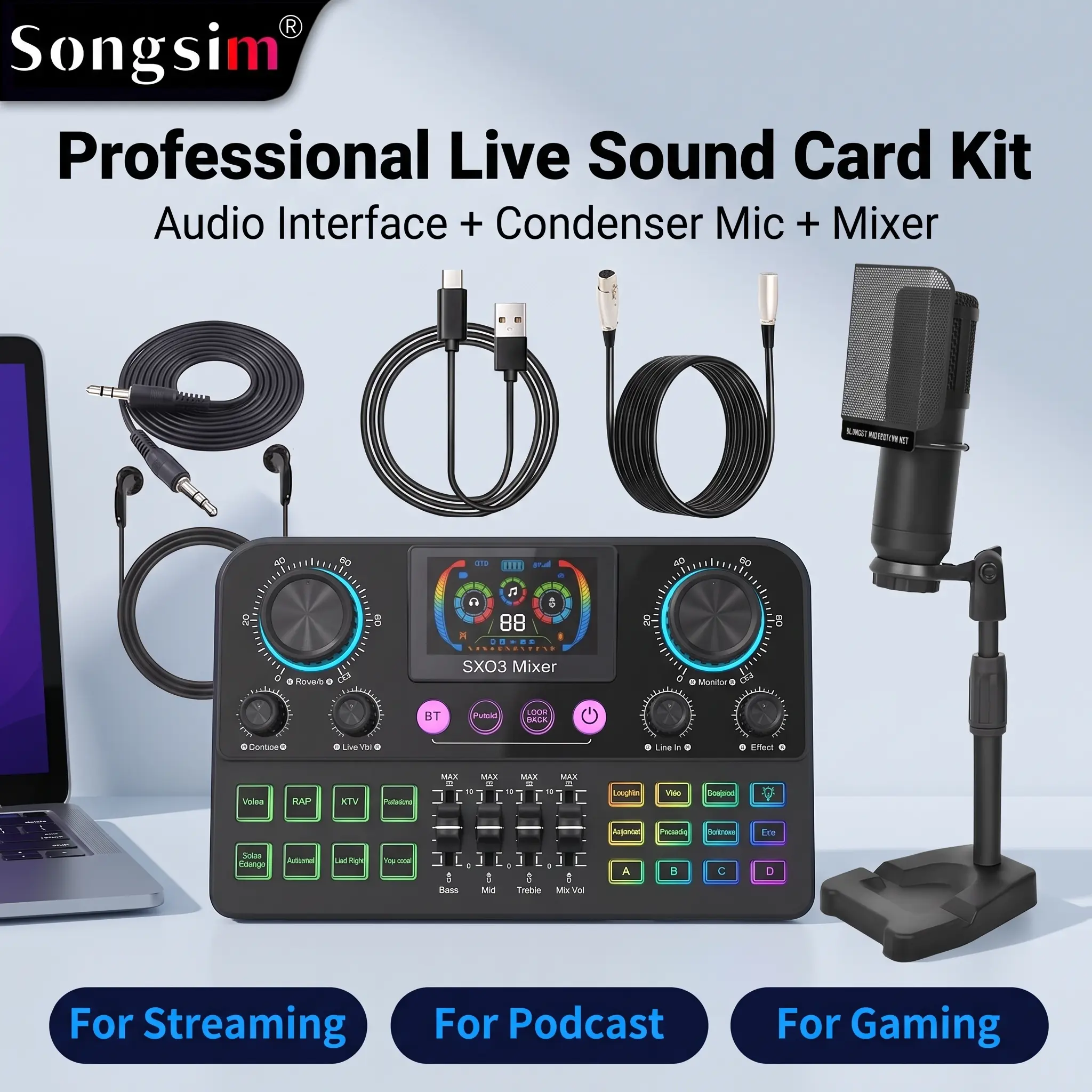 Songsim SX03 Professional All-in-1 Audio Mixer & Condenser Microphone Kit, Audio Interface with XLR Interface, OTG Lossless Transmission, Noise Reduction Sound Card for Live Streaming, Podcasting, Gaming