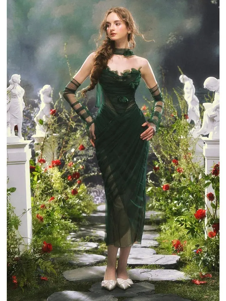 Forest Muse Dress Party Outfit Formal Evening Dresses,  ,Lace-Up Hand-Sewn Chiffon Dress with Flower Accents