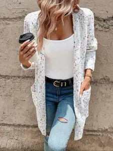 Women's All Over Print Drop Shoulder Cardigan, Casual Fitted Long Sleeve Pocket Lightweight Knitwear for Fall & Winter, Fashion Ladies' Knit Clothing for Casual Everyday Wear Cardigan Sweater, Cute Winter Top, Cardigan for Women, Womenswear