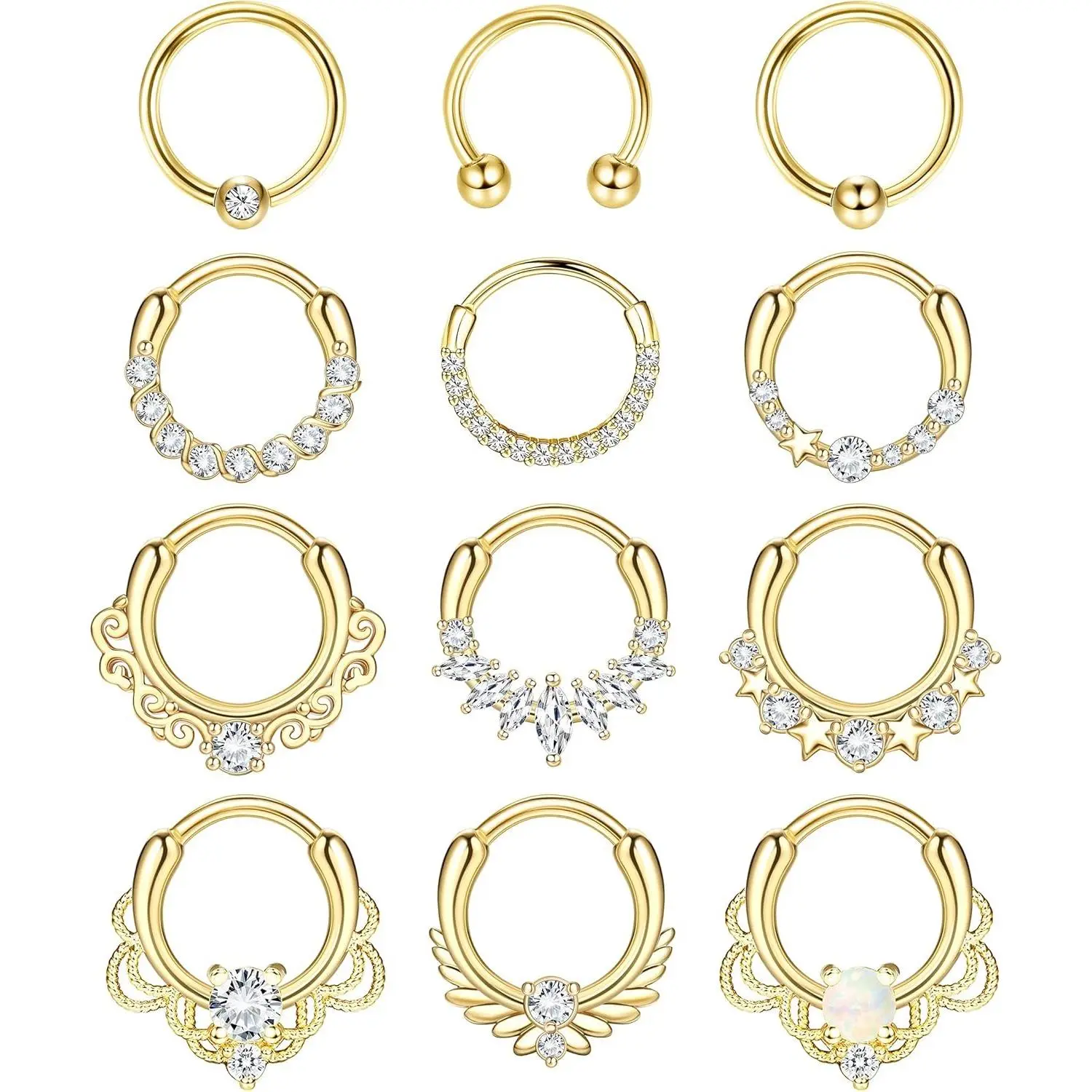 YADO 12pcs 16g Stainless Steel Body Jewelry Set - Hinged Hoop Clicker Hinge Nose Rings, CZ Bling Effect Septum Daith Earrings, Forward Helix Jewelry, Helix Pierced Ring for Daily Wear, Hoop Set, Nose Piercing Styles, Septum Piercing, Female