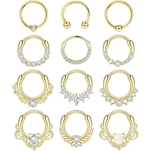 YADO 12pcs Septum Jewelry 16g Daith Earrings Hinged Hoop Nose Rings Septum Clicker Cz Stainless Steel Cartilage Earring Helix Tragus Daith Piercing Jewelry