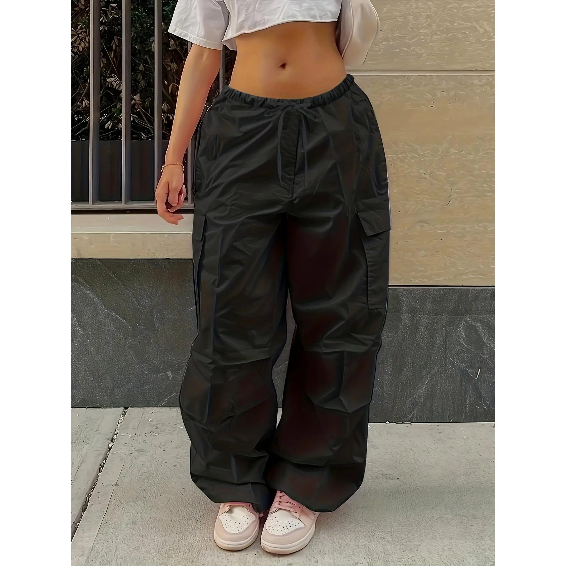 Women's Plus Size Solid Woven Cargo Pants - Baggy Loose-Fitting Casual Bottoms, Recycled Polyester, Drawstring Waist, Multiple Pockets, 1XL(14)-5XL(22), Machine Washable, Adjustable Design