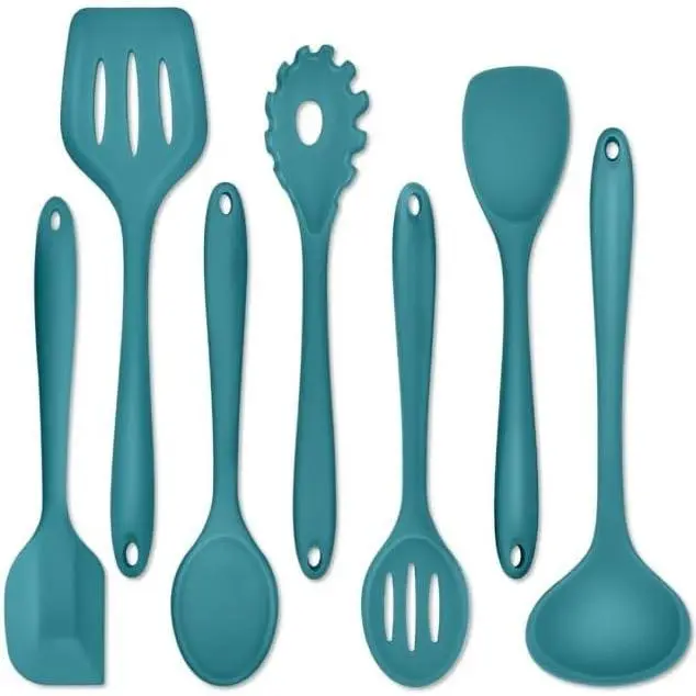 7-Piece Lightweight Heat-Proof Synthetic Cooking Utensil Set for Nonstick Cookware - Dishwasher Safe, Functional Home Use Tools: Non-stick Spatula, Slotted Turner, Soup Ladle, Pasta Server, Serving Spoon, Scoop, Whisk (Blue), Slotted/Flat