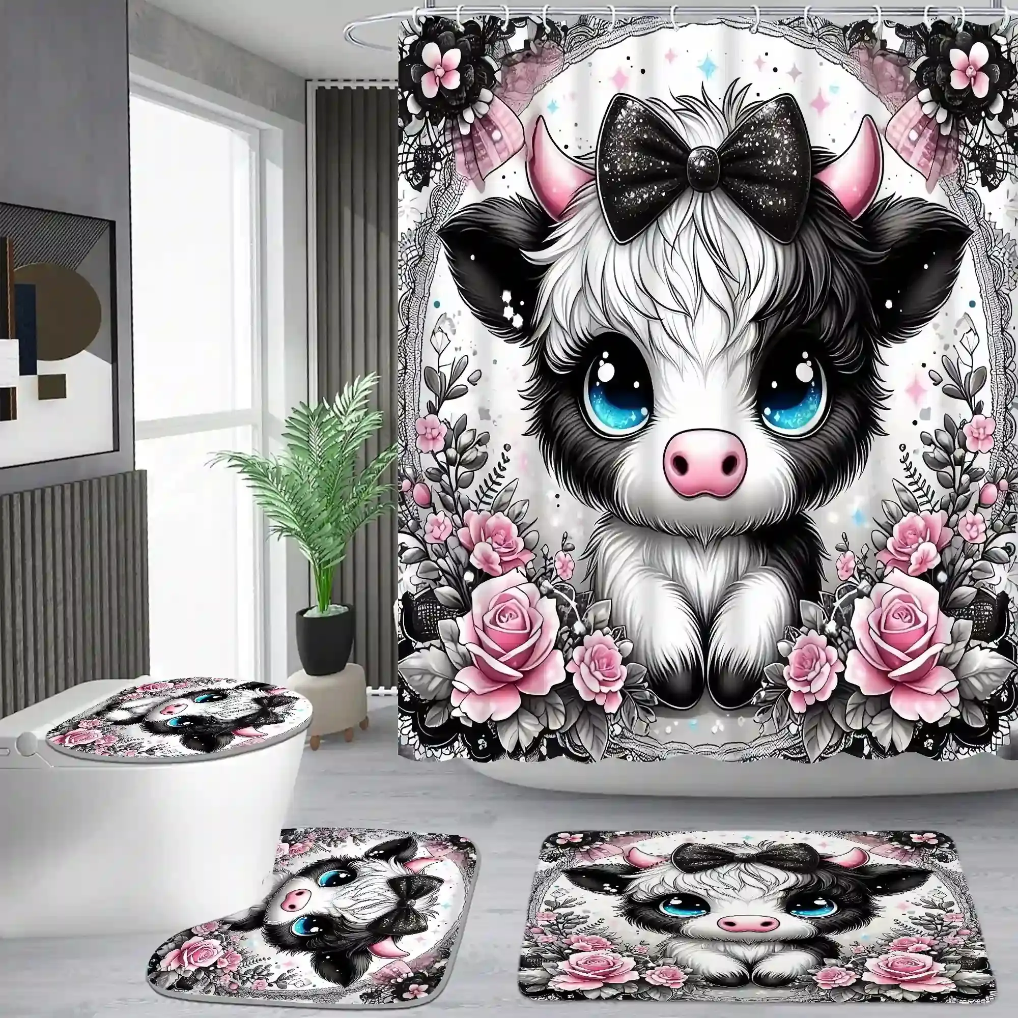 Pink and black bow cute cow pattern shower curtain set, waterproof shower curtain with 12 hooks, non-slip bathroom carpet, toilet U-shaped cushion, toilet seat cover cushion, bathroom shower curtain set, perfect moving gift.