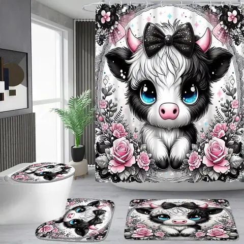 Cute Pink & Black Bow Cow Animal Bathroom Decor Set - Waterproof HD 3D Print Shower Curtain Set with 12 Hooks, Non-Slip Straight Bath Carpet, U-Shape Toilet Mat, Toilet Seat Cover Cushion, Classic Gift for Cow Lovers