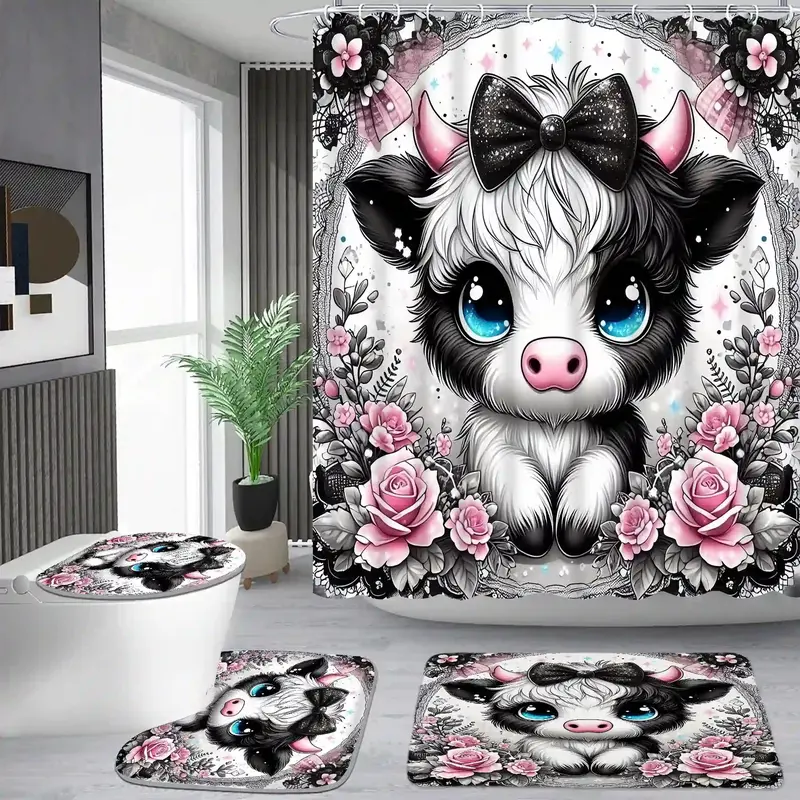 Cute Pink & Black Bow Cow Animal Bathroom Decor Set - Waterproof HD 3D Print Shower Curtain Set with 12 Hooks, Non-Slip Straight Bath Carpet, U-Shape Toilet Mat, Toilet Seat Cover Cushion, Classic Gift for Cow Lovers