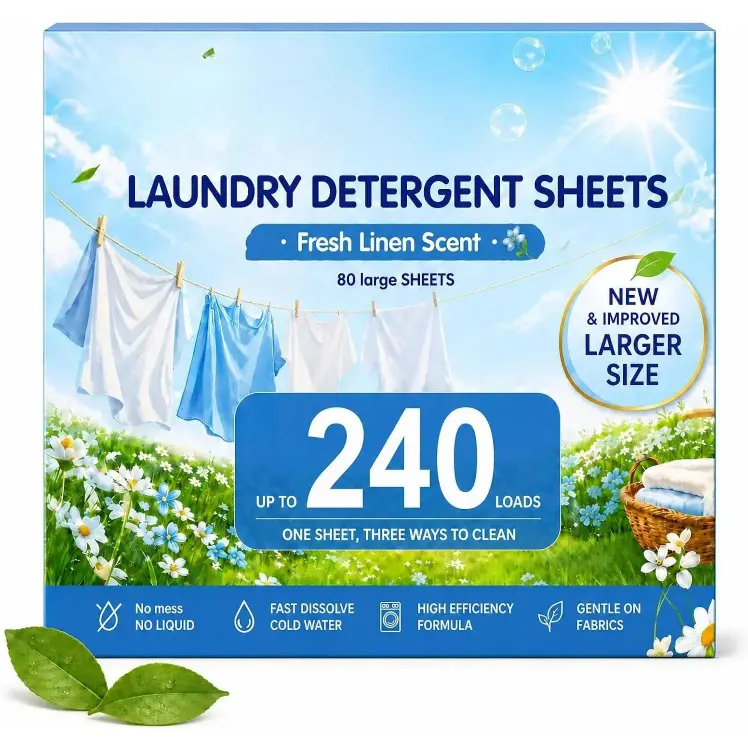 Laundry Detergent Sheets, 240 Loads, 80 Large Sheets,  Linen Scent, No Liquid Washer Detergent Strips, Gentle  Fabrics,  Dissolving Cold Water, -Based for Travel Dorm