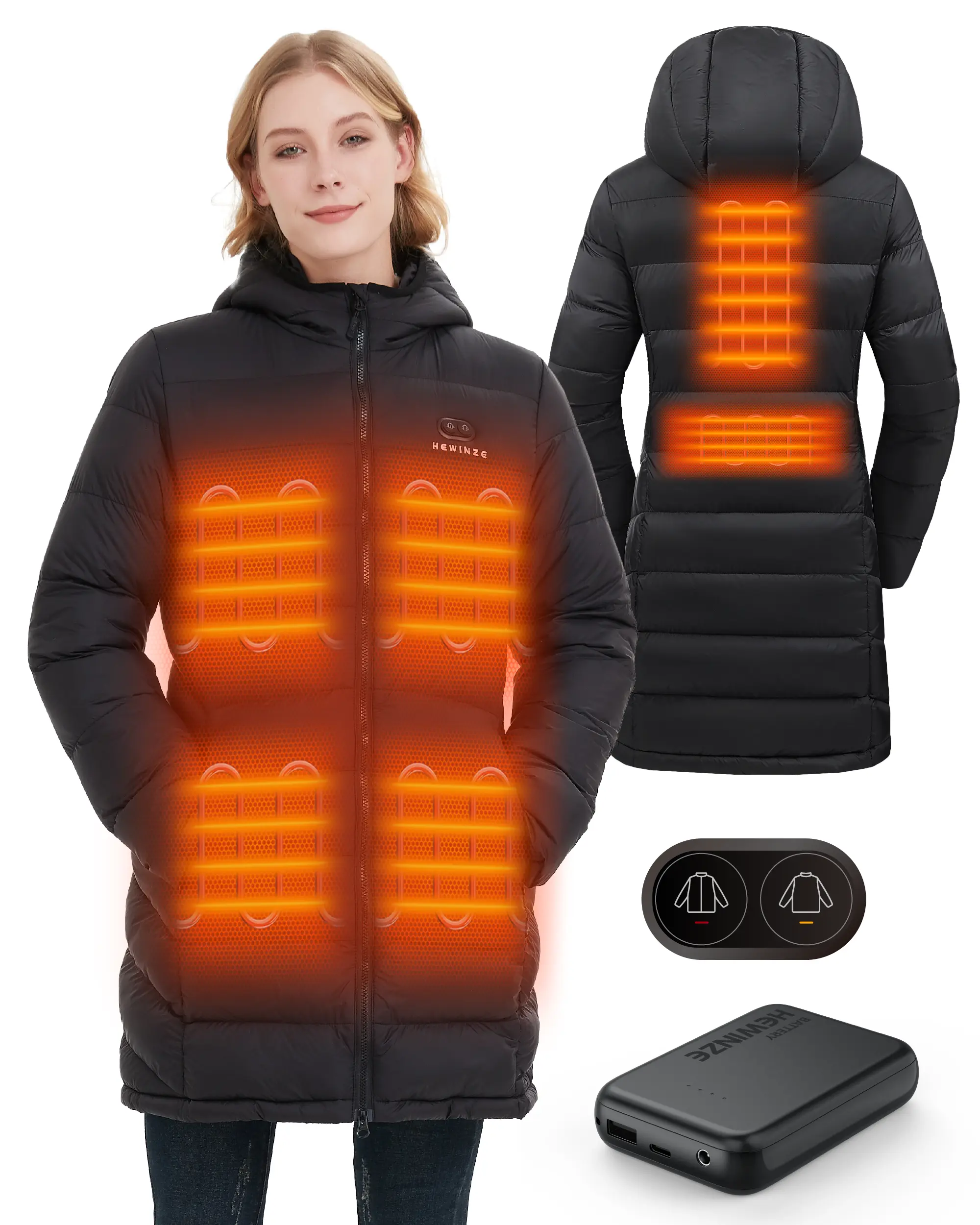 HEWINZE Women’s Heated Long Jacket, 7.4V Battery Fast Heating, New Autumn Winter Outdoor & Sports Leisure Fashion Thermal Coat with Power Bank Hoodie Lightweight