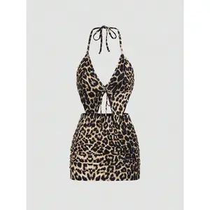 Women's Leopard Printed Spaghetti Strap Top With Asymmetrical Hemline And Skirt Set, Summer Y2K Outfit