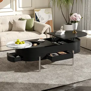 47.2''Lift Top Coffee Table with 360-degree Marble-patterned rotating tray,Hidden Compartment, Partially Assembled Wooden Center Table, Modern Oval Lift Tabletop for Home Living Room