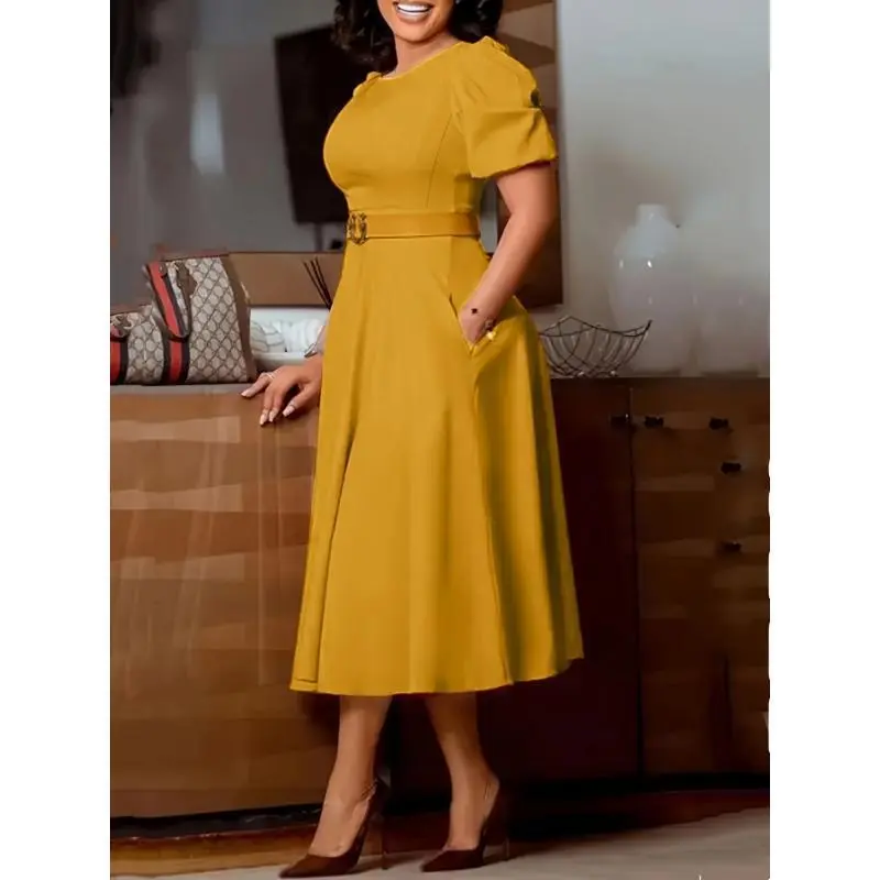 Beautiful women's clothing Elegant Mustard Yellow A-Line Dress with Pockets - Short Sleeve, Round Neck, Non- Beautiful women's clothing Elegant Mustard Yellow A-Line Dress with Pockets - Short Sleeve, Round Neck, Non-