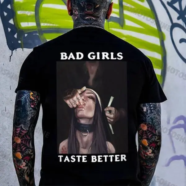 BAD GIRLS TASTE BETTER Sucking Finger Nun Print Men's T-Shirt, Dark Shirt for Men and Women
