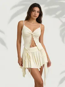 Summer Plain Adjustable Strap V-Neck Ruched Knot Wooden Trim Split Hem Slim Fit Tank Top Irregular Hem Trendy Half Skirt Two-Piece Set