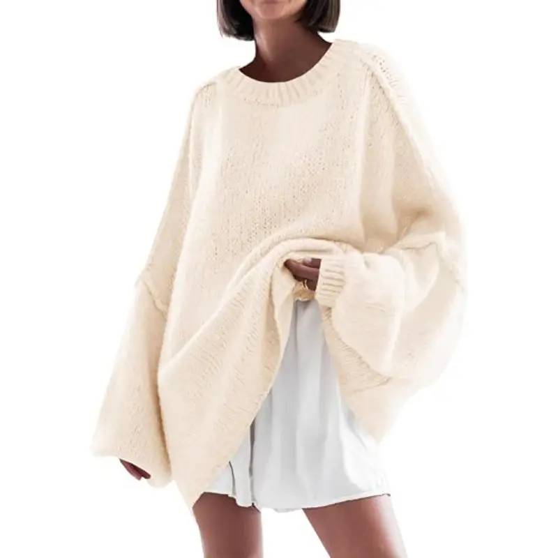Imily Bela Womens Oversized Sweater Chunky Crew Neck Long Lantern Sleeve Knit Fall Trendy Tunic Sweaters Top