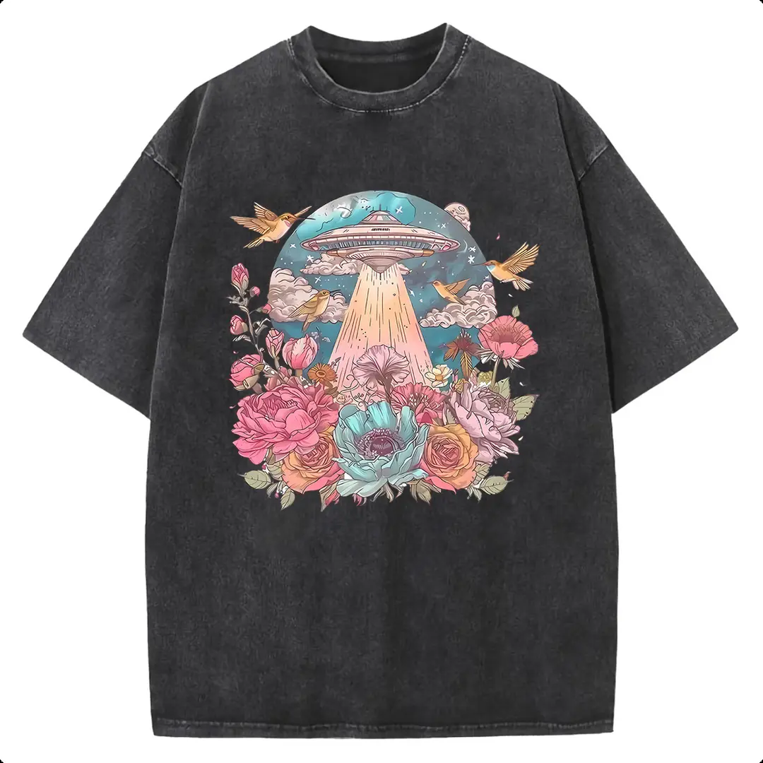 2026 New Color Unisex HarleyLand Heavyweight Cotton Loose-Fitting Crew Neck Short-Sleeve Tshirt, Hand Wash Only, "Floral UFO & Hummingbird" Print, Vintage Acid Wash Streetwear Top for Outdoor Casual Wear (Flatters Figure), Graphic, Outdoors