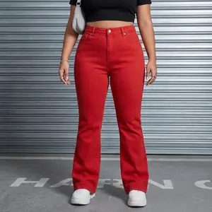Women's High-Waisted Stretchy Flare Jeans - Vibrant Red Wide- Bell Bottom Pants, Mid-Rise Retro Style with Pockets, All-Season Machine Washable (Non-Sheer)