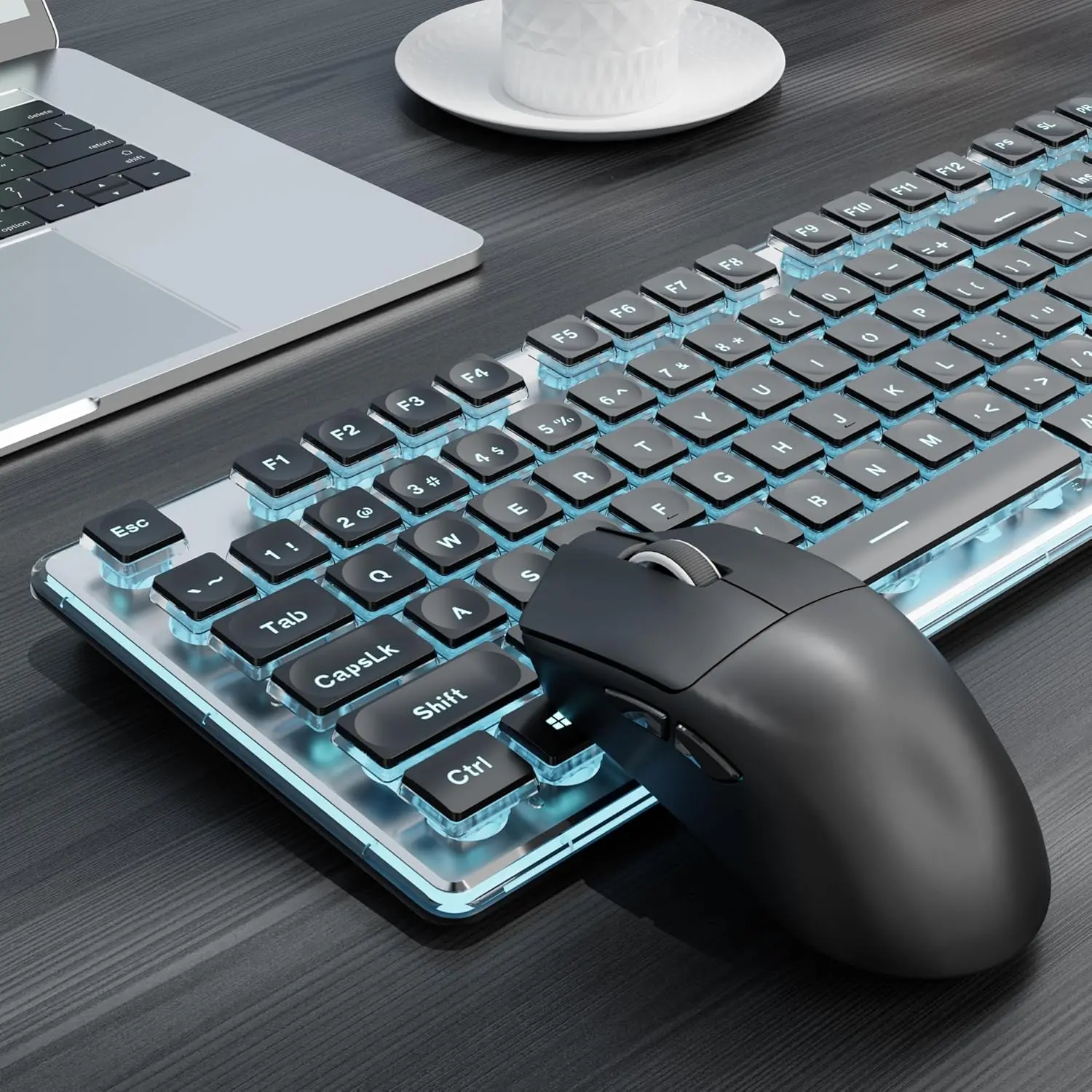 SEUNKWANG EWEADN X7S Wireless Keyboard and Mouse with Pudding Keycaps, Metal Panel, 2.4G Rechargeable Computer Keyboard and Mouse Combo Quiet Light Up Full Size Cordless Keyboards-Black