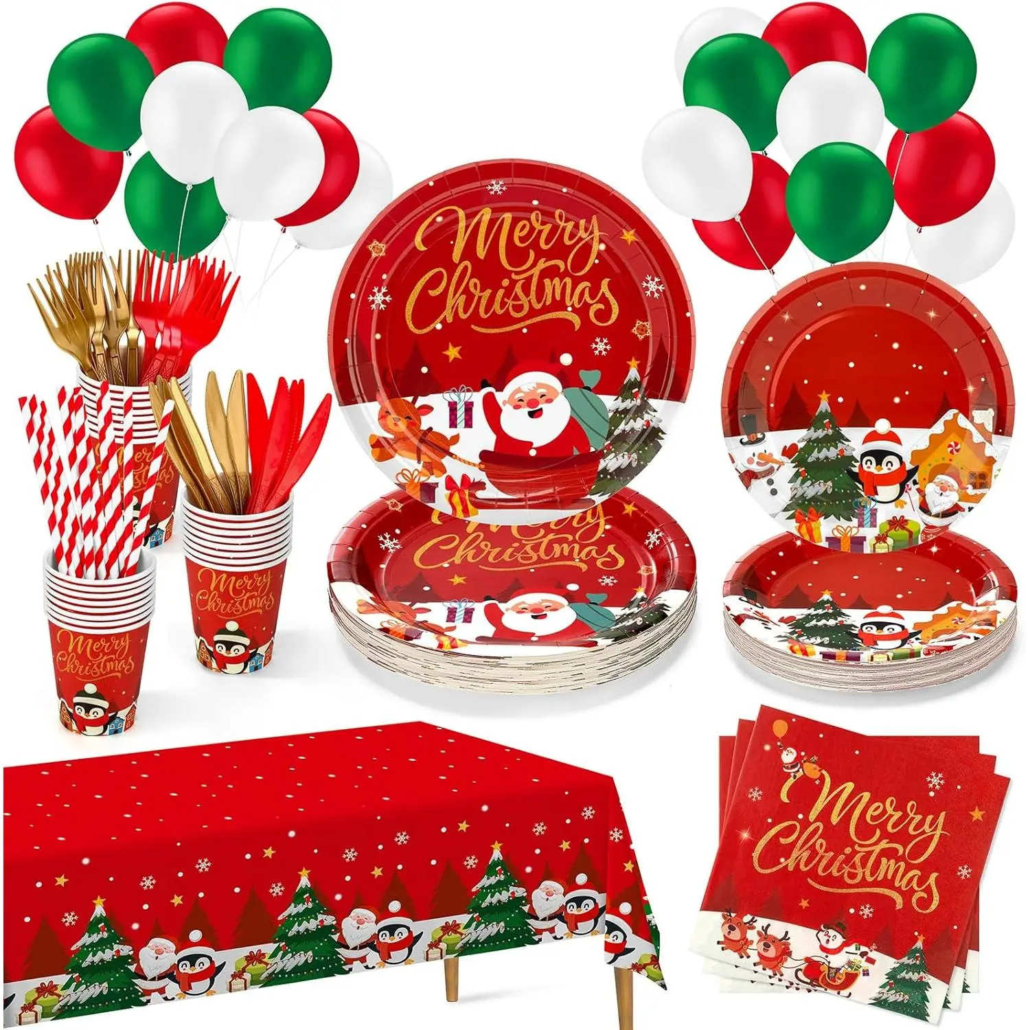 Disposable Christmas Party Tableware Set - 189pcs Festive Kit for Party Setup, 9in & 7in Plates&cups, Napkins, Tablecloth, Straws, Knives, Forks, Balloons, Serves 24, Red Home Supplies for Xmas Decor