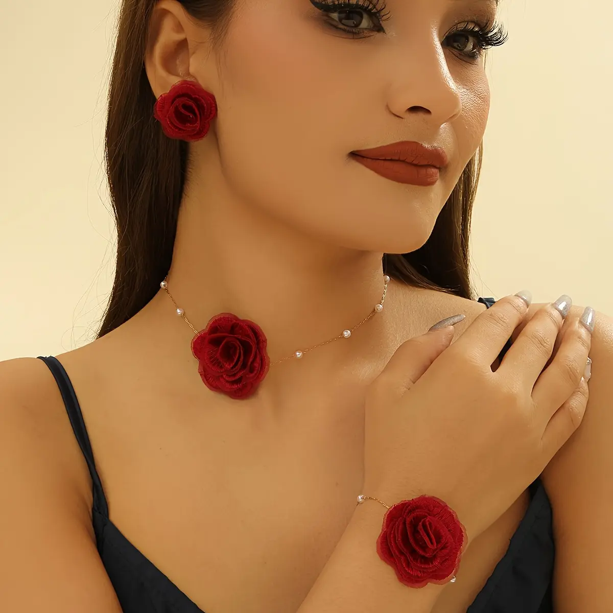 Women's Pearl and Red Rose Jewelry Set Elegant, Luxurious, and Unique 3-Piece Necklace, Bracelet, a Pair of Earrings with 18K Gold Chain Short Necklace Lace Rose Design High Quality, Fashionable, Chic Jewelry for Parties, Daily Wear, and Special Occasions