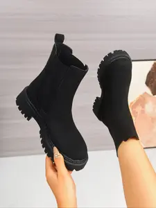 Women's Fall Winter Chelsea Boots, Elastic Slip-On Design, Anti-Slip Sole, Mid-Calf Height, Party Style, Comfortable Commute Shoes